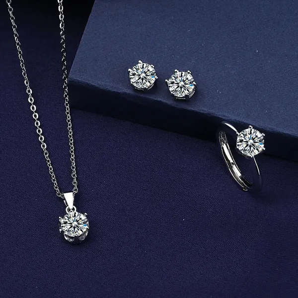 659427db7a2e9e82aedf4e8df07058b2.jpg_720x720q80.jpg_ Three-piece jewelry suit Moissanite classic Six-claw Earring, Necklace, Ring - Image 1
