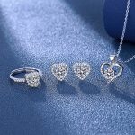 Fashion Heart Pendant Necklace Set with Earrings and Adjustable Ring, Synthetic Zirconia